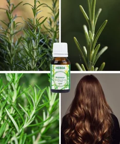 Olejek rozmarynowy K. Hebda na tle gałązek rozmarynu i włosów – naturalna, aromatyczna kompozycja inspirowana zielenią.
