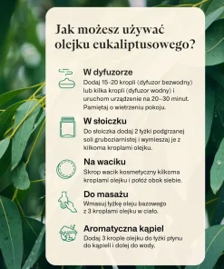 Olejek eukaliptusowy Klaudyna Hebda infografika przedstawiająca sposoby użycia na tle liści eukaliptusa