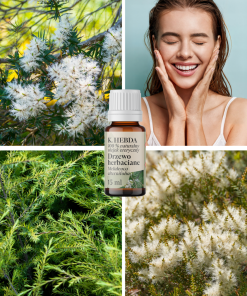 Olejek z drzewa herbacianego K. HEBDA – roślina tea tree i kobieta z czystą cerą