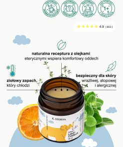 Naturalny balsam Lekki Oddech z ziołowym zapachem, bezpieczny dla skóry wrażliwej, atopowej i alergicznej.