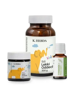 Zestaw Lekki Oddech dla dzieci z balsamem, solą do kąpieli i Olejkiem Tymiankowym PLUS wspierający spokojną, aromatyczną atmosferę.