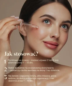Instrukcja stosowania serum Gładkolica Klaudyna HEBDA z wizualizacją aplikacji na skórę twarzy.