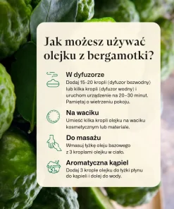 Instrukcja stosowania produktu Olejek z bergamotki Klaudyna Hebda z propozycjami użycia w dyfuzorze, masażu i kąpieli.