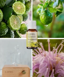 Olejek z bergamotki Klaudyna Hebda przedstawiony w kolażu z owocami bergamotki, rośliną i dyfuzorem w jasnej, naturalnej scenerii.