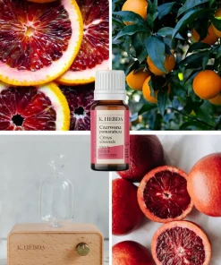 Olejek czerwona pomarańcza Klaudyna Hebda przedstawiony w kolażu z czerwonymi pomarańczami, owocami na drzewie i eleganckim dyfuzorem.