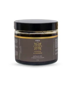 Peeling Czterech Alchemików Hebda w szklanym słoiku na białym tle, naturalny produkt z olejkami eterycznymi o korzennym aromacie.