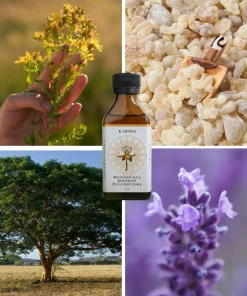 Wzmocniony Macerat Dziurawcowy Klaudyna Hebda na kolażu z dziurawcem kadzidłowcem copaibą i lawendą