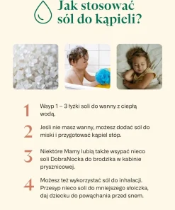 Sól do kąpieli K. Hebda DobraNocka – instrukcja stosowania z ilustracjami kąpieli, kryształków soli i spokojnego snu dziecka