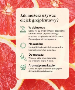 Olejek grejpfrutowy K. Hebda – instrukcja stosowania w dyfuzorze, na waciku, do masażu i aromatycznej kąpieli.