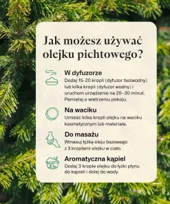 Instrukcja stosowania produktu Olejek pichtowy Klaudyna Hebda z opisem użycia w dyfuzorze, masażu i kąpieli.