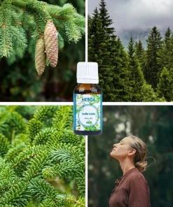 Olejek Jodła biała Klaudyna Hebda na tle kolażu iglastych gałęzi i górskich krajobrazów podkreślających świeży aromat.