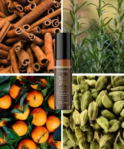 Roll-on Czterech Alchemików Hebda wśród cynamonu, rozmarynu, kardamonu i pomarańczy, podkreślający korzenny aromat kompozycji.