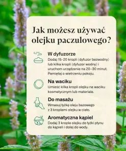Instrukcja stosowania produktu Olejek paczulowy Klaudyna Hebda z propozycjami użycia w dyfuzorze, masażu i aromatycznej kąpieli.