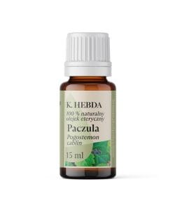 Olejek eteryczny Paczula 15 ml – Klaudyna Hebda, szklana butelka na białym tle