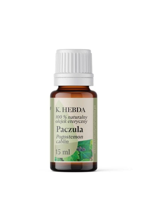 Olejek eteryczny Paczula 15 ml – Klaudyna Hebda, szklana butelka na białym tle