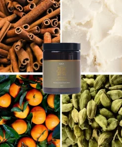 Kolaż składników Masło Czterech Alchemików Klaudyna HEBDA: cynamon, masło shea, mandarynki i kardamon w naturalnych ujęciach.