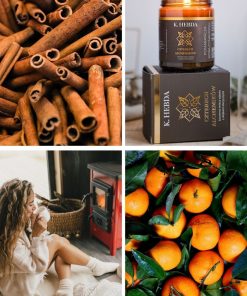 Świeca Czterech Alchemików Hebda w otoczeniu cynamonu, pomarańczy i sceny domowego ciepła, podkreślająca jej korzenny charakter.