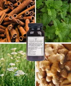 Herbatka Czterech Alchemików Hebda wśród cynamonu, imbiru, mięty i krwawnika, podkreślająca jej korzenny i ziołowy charakter.