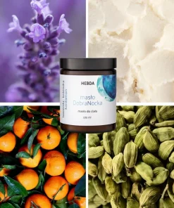 Aromaterapeutyczne masło DobraNocka z lawendą, mandarynką, kolendrą i kardamonem w ujęciu ze składnikami.