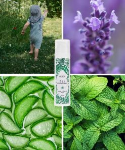 Kolaż składników Żel po ukąszeniach Klaudyna HEBDA z lawendą, aloesem, miętą oraz ujęciem dziecka bawiącego się w ogrodzie.