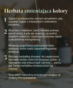 Herbatka Na dobry sen Klaudyna Hebda przedstawiona w instrukcji przygotowania naparu zmieniającego kolory w naturalny sposób.