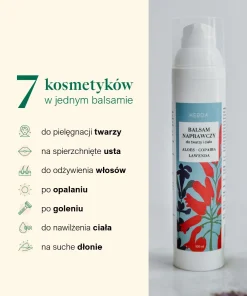 Wielozadaniowy Balsam Naprawczy z aloesem, copaibą i lawendą, pokazany jako kosmetyk do twarzy, ciała, dłoni i włosów.