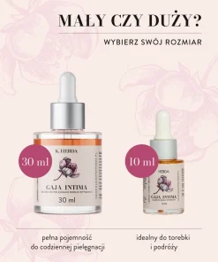 Olejek Gaja Intima do pielęgnacji okolic intymnych w dwóch pojemnościach: 30 ml do domu i 10 ml jako wygodna wersja podróżna.