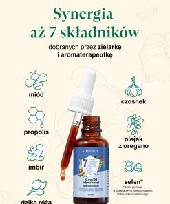 Naturalny skład kropelek odporności: selen, imbir, czosnek, dzika róża, propolis, miód, olejek z oregano