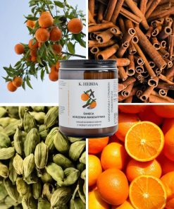 Naturalna świeca sojowa Korzenna Mandarynka K. Hebda wśród mandarynek, pomarańczy, cynamonu i kardamonu