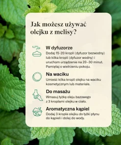 Jak używać olejku z melisy – infografika K. Hebda z pomysłami na dyfuzor, masaż, kąpiel i wacik