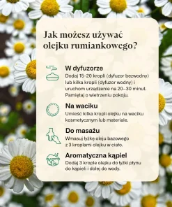 Jak używać olejku rumiankowego – infografika K. Hebda z poradami do aromaterapii i masażu