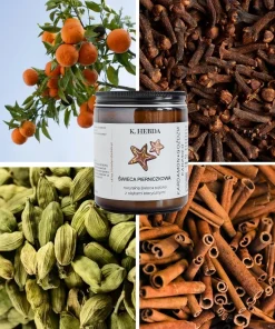 Świeca Pierniczkowa K. Hebda wśród kardamonu, goździków, cynamonu i mandarynek, podkreślająca korzenny, świąteczny aromat.