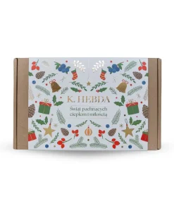 Świąteczny zestaw prezentowy Klaudyna Hebda w ozdobnym pudełku z zimowymi ilustracjami i naturalnym charakterem.