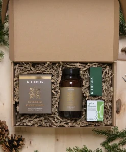 Zestaw prezentowy K. Hebda z brązowym wypełnieniem, świecą Czterech Alchemików, solą kąpielową i maścią Liptus.