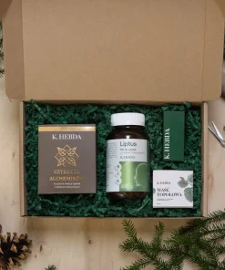 Zestaw prezentowy K. Hebda z zielonym wypełnieniem, świecą Czterech Alchemików, solą Liptus i maścią topolową.