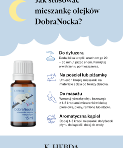 Sposoby stosowania olejku DobraNocka – dyfuzor, kąpiel, masaż i aplikacja na pościel.