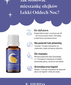 Instrukcja stosowania olejku Lekki Oddech Noc – dyfuzja, kąpiel, masaż, aplikacja na pościel.