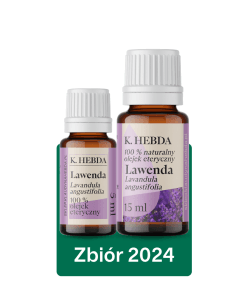 Butelka naturalnego olejku eterycznego z lawendy K. Hebda na białym tle