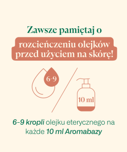 Zasada bezpiecznego stosowania olejków eterycznych – zawsze rozcieńczać w Aromabazie przed użyciem na skórę głowy.