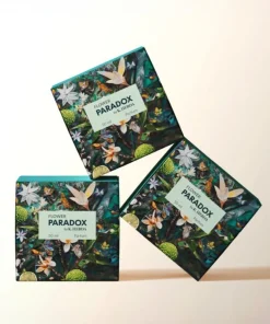Opakowanie perfum Flower Paradox by K. Hebda z botaniczną ilustracją kwiatów i intensywną zielenią.