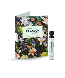 Packshot próbki perfum Flower Paradox na białym tle – elegancki, kwiatowo-przyprawowy zapach