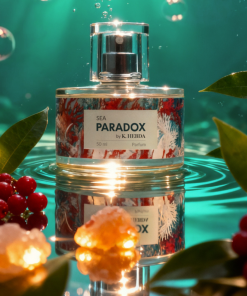 Packshot perfum Sea Paradox na tle morskich fal