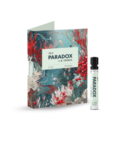Packshot próbki perfum Sea Paradox na białym tle – świeży, przyprawowy zapach z akordem morskim
