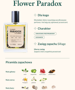 Suchy olejek Flower Paradox – karta produktu z właściwościami i opisem zapachu