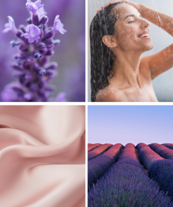 Naturalny żel pod prysznic i do rąk Lavandula Klaudyna Hebda, fioletowe pole lawendy, delikatny różowy jedwab i kobieta pod prysznicem