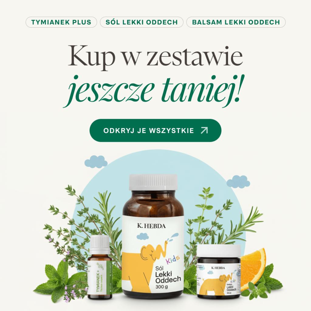 Zestaw Lekki Oddech dla dzieci z balsamem, solą do kąpieli i Olejkiem Tymiankowym PLUS