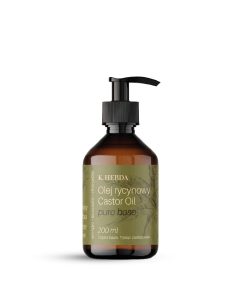 Olej rycynowy 200 ml K HEBDA Butelka ciemnego szkła z pompką zawierająca czysty Olej rycynowy K. Hebda 200 ml, etykieta w kolorze oliwkowym.