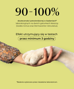 Grafika informująca o 90-100% skuteczności spray Nutta Pets na kleszcze Ixodes ricinus i Dermacentor reticulatus.