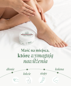 Kobieta aplikująca maść regeneracyjną na nogi, ikony dłoni, łokci, stóp i kolan, pielęgnacja suchej skóry.