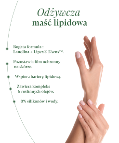 Zadbane, gładkie dłonie kobiety, odżywcza maść lipidowa z lanoliną i kompleksem 6 olejów roślinnych.